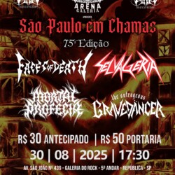 <strong>30/08/25 - SÃO PAULO</strong>
GALERIA DO ROCK: Av. São João, 439 - 5º Andar
Ingresso físico disponível na Impaled Records, Sodom Bar e na Arena Galeria
Antecipado R$ 30 30 08